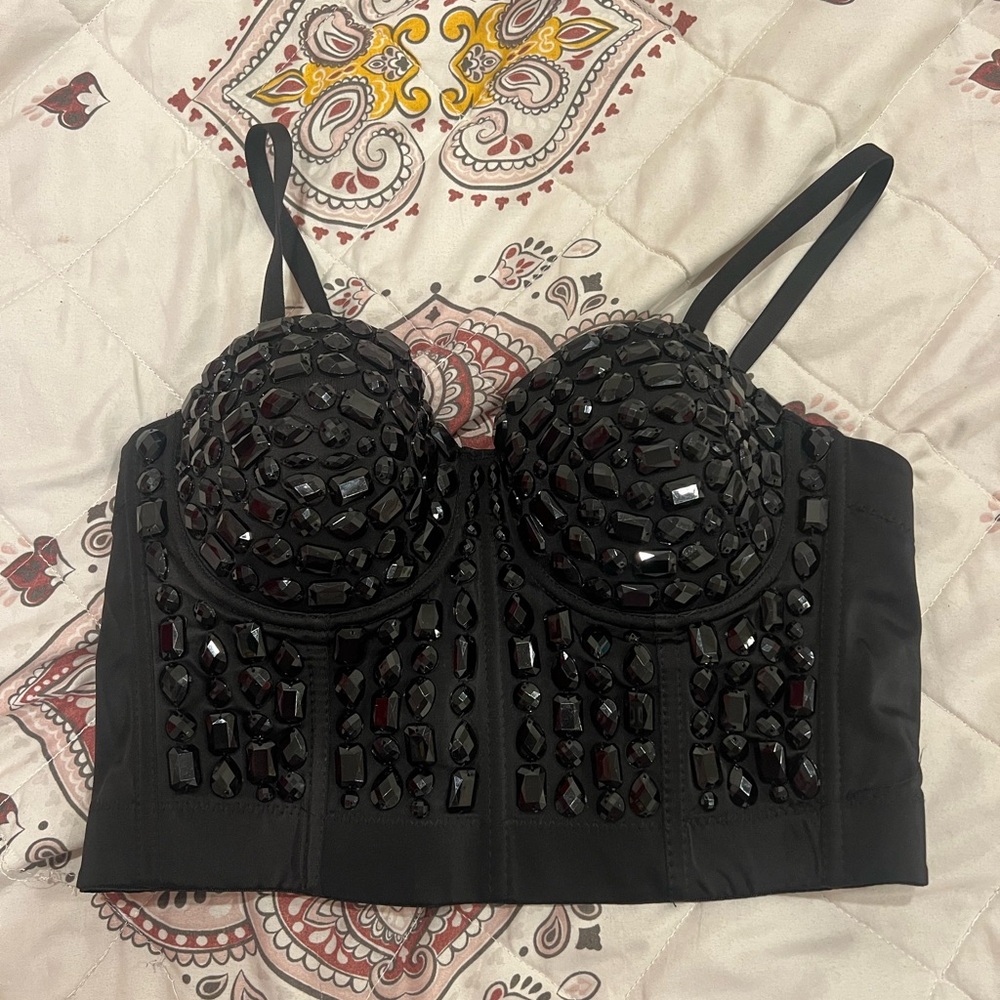 Rhinestone Black Beaded corset Bustier Top